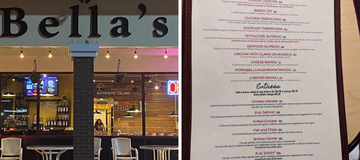 Bella's Steaks, Pasta and More Menu