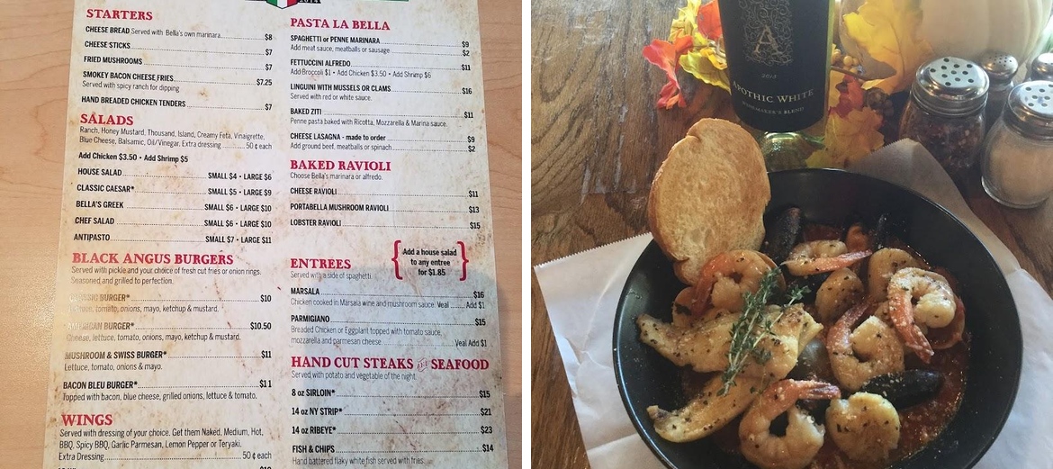 Bella's Steaks, Pasta and More Menu